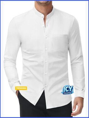 Men's Collarless Dress Shirt Banded Collar Long Sleeve Button Down Stretch